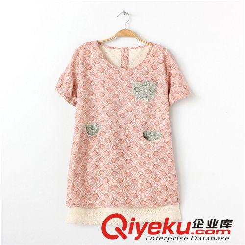 日系女裝2014夏季新款棉麻印花腰鼓花口袋拼接花邊寬松連衣裙775原始圖片3