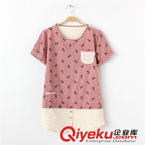 2014夏季新款品牌女裝印花小馬花邊拼接圓領棉麻女士短袖襯衫765原始圖片2