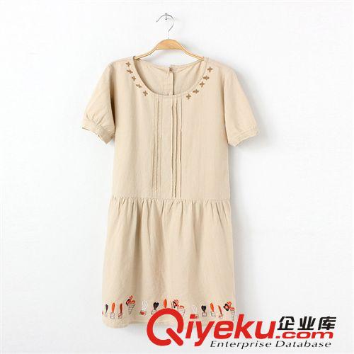 日系女裝2014夏季新款棉麻刺繡波浪抽繩圓領無袖女連衣裙短裙772