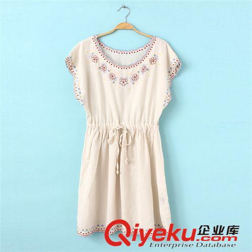 日系女裝2014夏季新款棉麻刺繡波浪抽繩圓領無袖女連衣裙短裙772原始圖片3