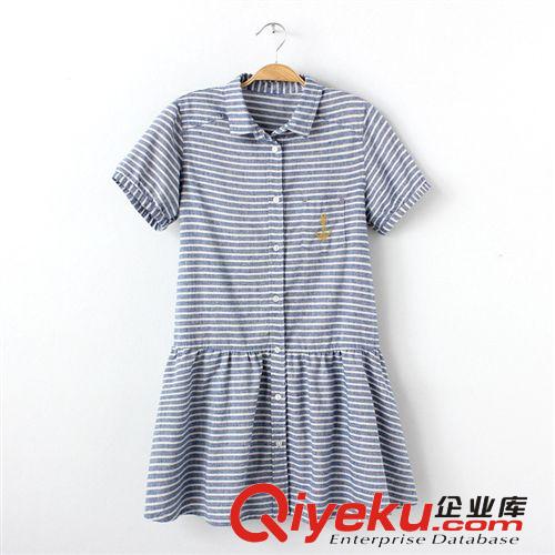 2014新款日系女裝棉麻條紋口袋刺繡拼接排扣翻領(lǐng)短袖連衣裙夏773原始圖片3