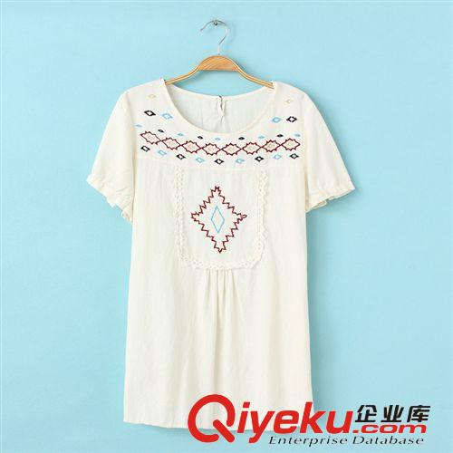 日系女裝 2014夏季新款女士寬松棉麻刺繡花邊圓領(lǐng)套頭短袖兩色767原始圖片3