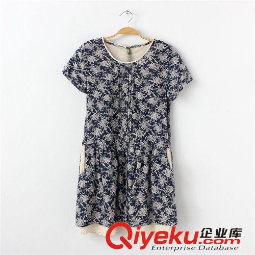 2014夏季新款日系女裝碎花刺繡口袋套頭短袖V領直筒短款連衣裙768