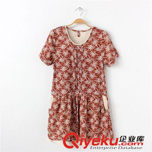 2014夏季女裝 日式新款清新寬松大版碎花印花三粒扣麻連衣裙756原始圖片3