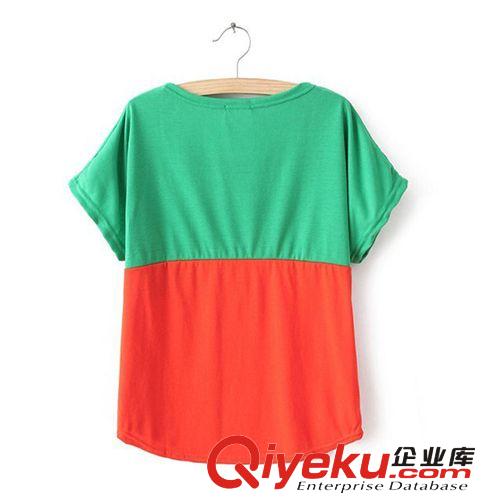 2014夏季新款日系圓領(lǐng)短袖寬松女裝可愛(ài)拼色口袋潮流T恤批發(fā)636原始圖片3