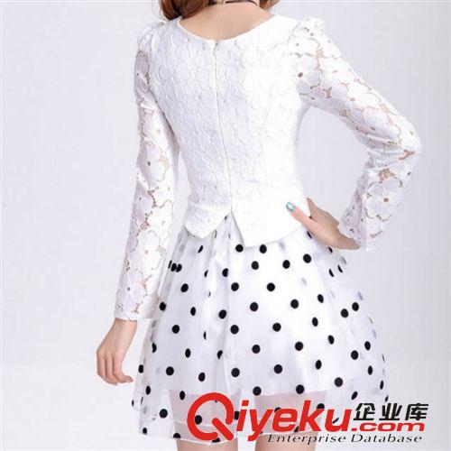 8012#新款淑女蕾絲拼接歐根紗波點修身長袖假兩件蓬蓬公主連衣裙原始圖片2