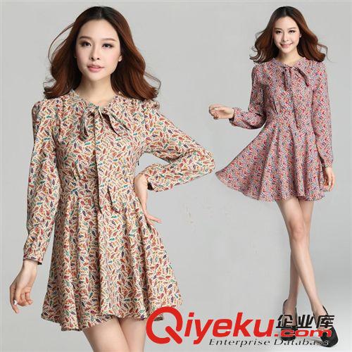 2014新品 春夏韓版簡約淑女碎花短裙收腰顯瘦領結連衣裙原始圖片3