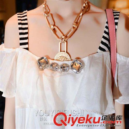 2014夏裝新款 女人味露香肩拼條紋假兩件式白色小衫 女裝批發(fā)原始圖片2
