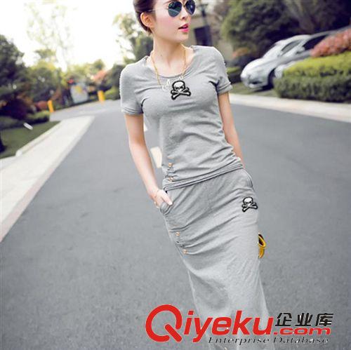 2014夏裝女裝新款骷髏頭短袖T恤+包臀半身裙休閑套裝潮 一件代發(fā)原始圖片3