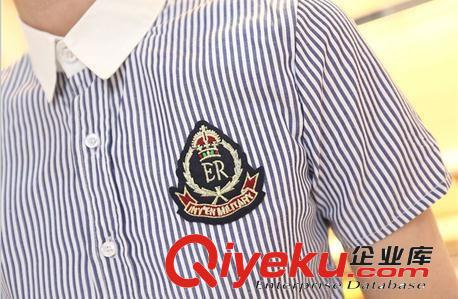 2014夏裝新款情侶裝男潮韓版學院風情侶短袖條紋襯衫班服批發原始圖片3