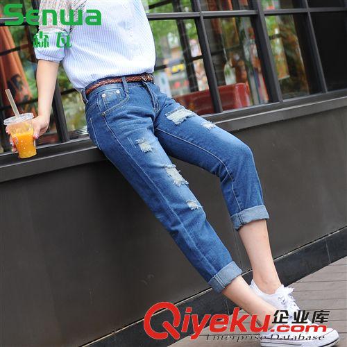 森瓦牛仔褲女九分褲批發(fā) S072手工磨破牛仔破洞九分褲女一件代發(fā)原始圖片3