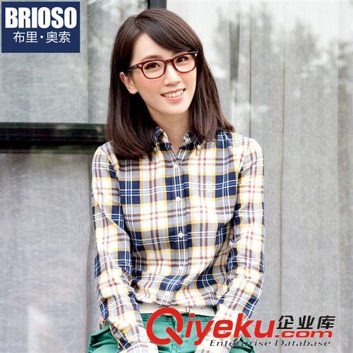 2014英倫格調女式全棉長袖袢格子襯衫 時尚百搭修身格子襯衫女