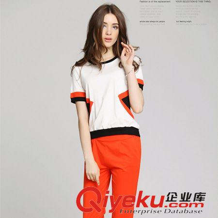 明星同款2014春夏歐美女裝新款幾何拼色顯瘦T恤衫+七分褲套裝原始圖片3