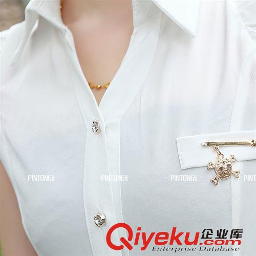 歐洲站2014夏季新款時尚優雅個性修身白色翻領百搭無袖襯衫女原始圖片3