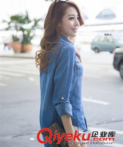 2014歐美范 修身顯瘦純棉水洗鑲鉆薄長袖牛仔襯衣襯衫女款原始圖片3