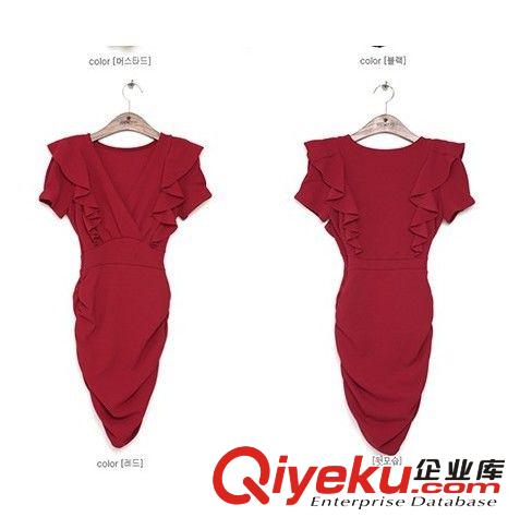2014新款女裝 瑞麗 韓版熱銷款荷葉邊交叉V領(lǐng)性感修身洋裝連衣裙原始圖片3