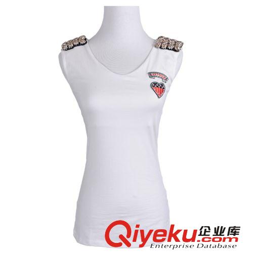 2014夏季新款 帥氣女人味紐扣肩章桃心領(lǐng)修身百搭款T恤原始圖片3