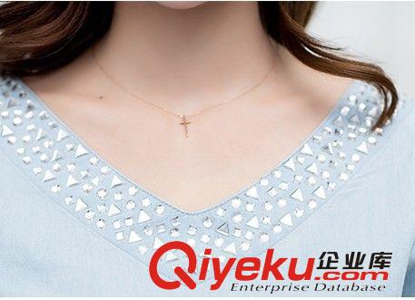 2014夏款女裝韓版燙鉆V領收腰顯瘦裙 短袖修身牛仔連衣裙原始圖片2