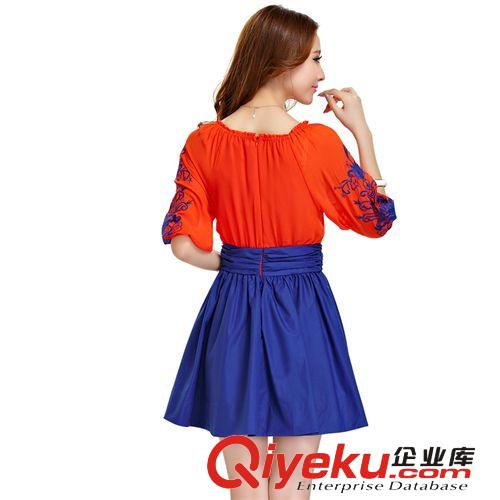 2014夏季新款修身刺繡中袖連衣裙復古歐美dp雪紡連衣原始圖片3