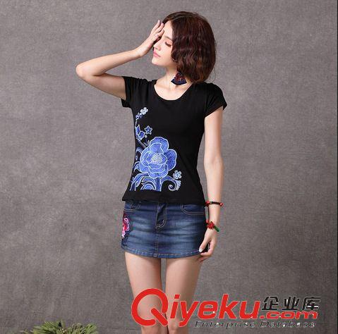 青花瓷刺繡民族風 修身顯瘦 女式 女純棉短袖T恤原始圖片2