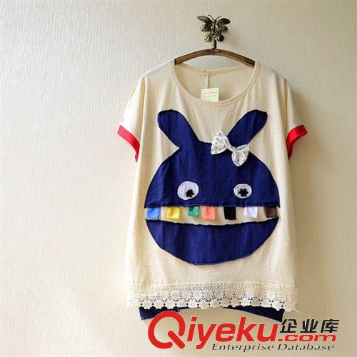 訂做T恤2014夏季新款女T恤圓領短袖寬松款刺繡黑兔中大女生裝原始圖片2