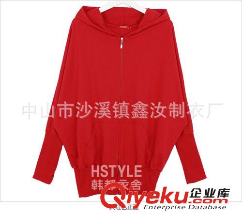 廠家定制2014新款韓版春裝女款純色連帽拉鏈蝙蝠袖學(xué)生外套原始圖片3