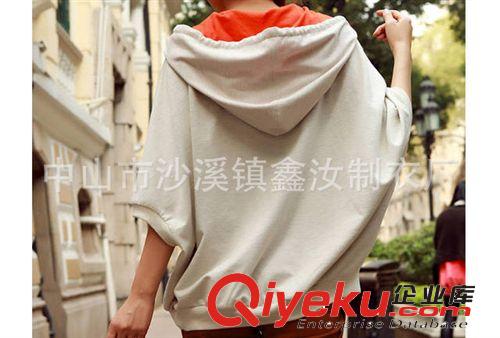 廠家定制2014新品女式短袖拉鏈蝙蝠型大碼寬松純棉帶帽衛(wèi)衣原始圖片2