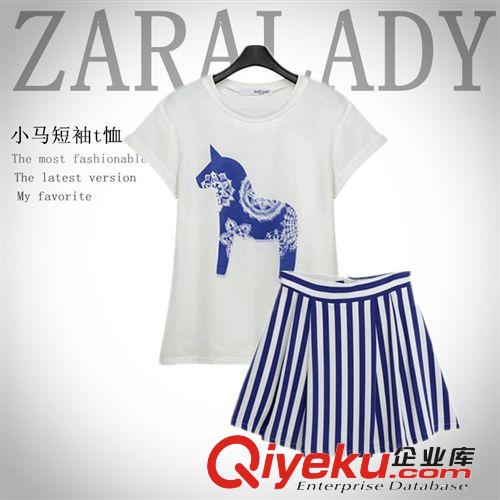 zara代購(gòu)2014夏裝新款時(shí)尚小木馬條紋短裙套裙女針織衫短袖T恤原始圖片3
