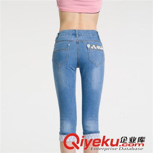 夏季新款 韓版珠繡翻邊牛仔七分褲 個(gè)性百搭顯瘦修身女褲原始圖片2