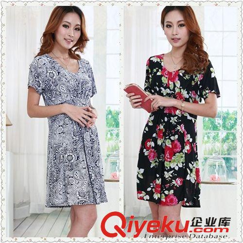 tj大碼女裝連衣裙 民族風(fēng)格長款冰絲棉連衣裙批發(fā)碎花短袖裙Y19原始圖片3