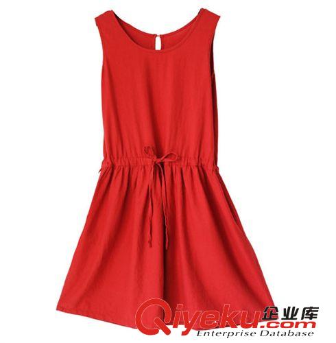 文藝森女棉麻抽繩收腰寬松無袖暖舊橘紅 背心連衣裙 女 夏 中長款原始圖片3