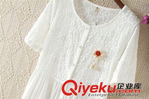 2014新品森女系甜美棉麻中長白色花邊連衣裙爆款配胸花蕾絲花朵女原始圖片3