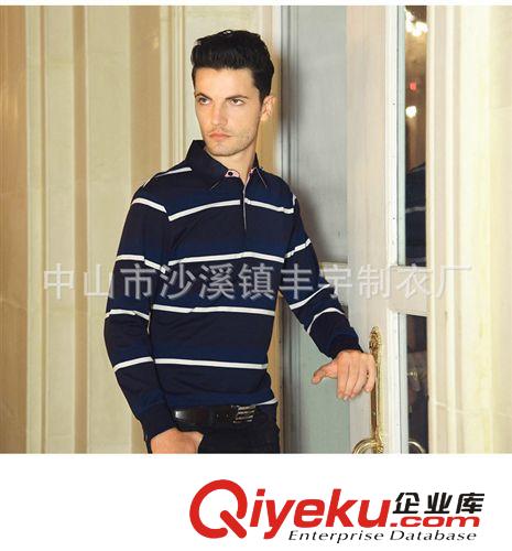 時尚新潮、條紋、拼領(lǐng)、假兩件、長袖男T恤，原始圖片2