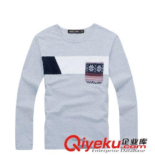 廠家訂做 時(shí)尚網(wǎng)格壓花男式長袖T恤 獨(dú)特的針織布貼袋男式t恤原始圖片3