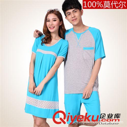 工廠批發(fā)莫代爾情侶夏裝家居服女長(zhǎng)睡裙男短袖中褲套裝 量大從優(yōu)原始圖片2