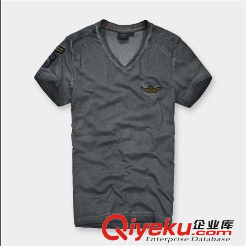 新款空軍一號(hào)V領(lǐng)男短袖T恤 萊卡彈力重工復(fù)古水洗件染 代發(fā) 批發(fā)原始圖片2