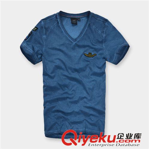 新款空軍一號(hào)V領(lǐng)男短袖T恤 萊卡彈力重工復(fù)古水洗件染 代發(fā) 批發(fā)原始圖片3