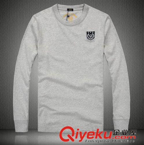 男打底衫  修身純棉水洗刺繡拼接撞色圓領(lǐng)長(zhǎng)袖T恤