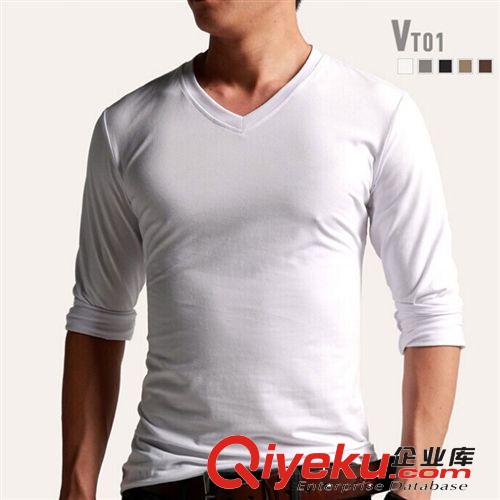 2014新款純色緊身型 莫代爾男式長(zhǎng)袖T恤 男裝V領(lǐng)打底衫批發(fā)訂做原始圖片2