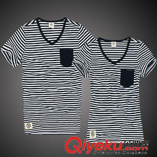 男女短袖情侶裝 夏季情侶衫批發(fā) 修身?xiàng)l紋半袖情侶t恤 一件代發(fā)原始圖片2