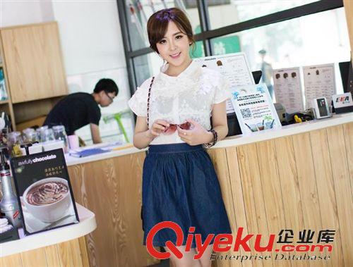 歐洲站夏女裝 明星同款棉麻蕾絲襯衫+大擺牛仔裙套裝88115原始圖片2