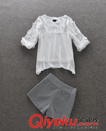 歐洲站夏套裝 上白釘花+格子套裝二件套套裝88106原始圖片3