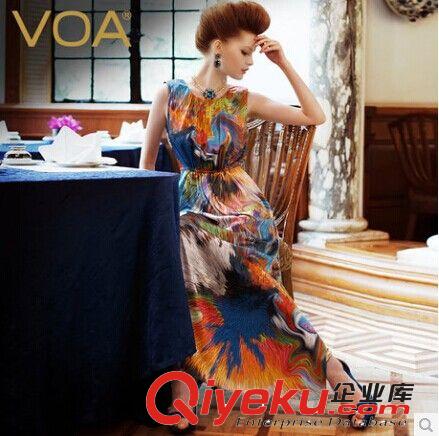 VOA 2014歐美真絲連衣裙長裙 夏新款顯瘦桑蠶絲沙灘背心長裙A0207