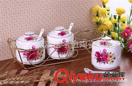 陶瓷調(diào)味瓶三件套 帶鐵架 配小瓷勺 多款花色 品質(zhì)保證 廠家直銷原始圖片2