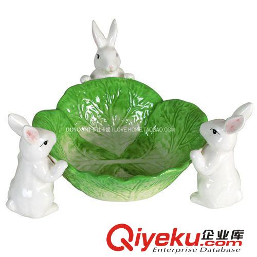 廠家直銷 田園風(fēng)陶瓷擺件 輕質(zhì)陶瓷釉下手繪玉兔水果盤陶瓷水果盤原始圖片2