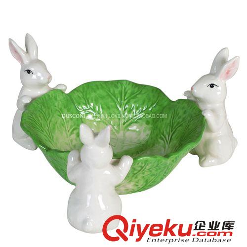 廠家直銷 田園風(fēng)陶瓷擺件 輕質(zhì)陶瓷釉下手繪玉兔水果盤陶瓷水果盤原始圖片3