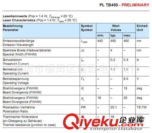 450nm 1400mw 1.4w 全新原裝 藍色激光二極管 PL TB450 5.6mm