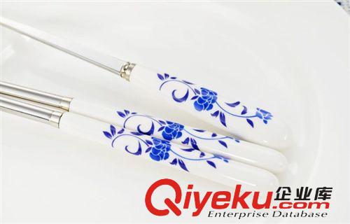 青花瓷勺筷兩件套（帶金）創意 骨瓷柄不銹鋼 gd陶瓷禮品