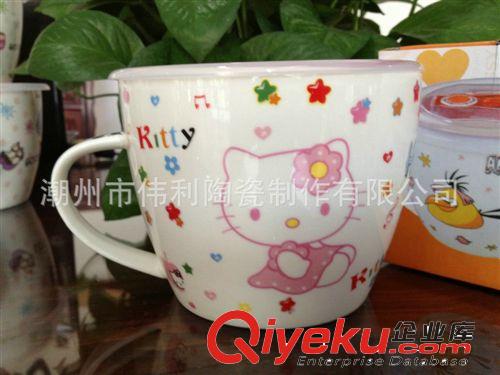 精品熱銷陶瓷斜口大湯杯 KITTY貓圖案帶蓋杯子原始圖片2