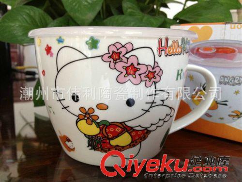 精品熱銷陶瓷斜口大湯杯 KITTY貓圖案帶蓋杯子原始圖片3